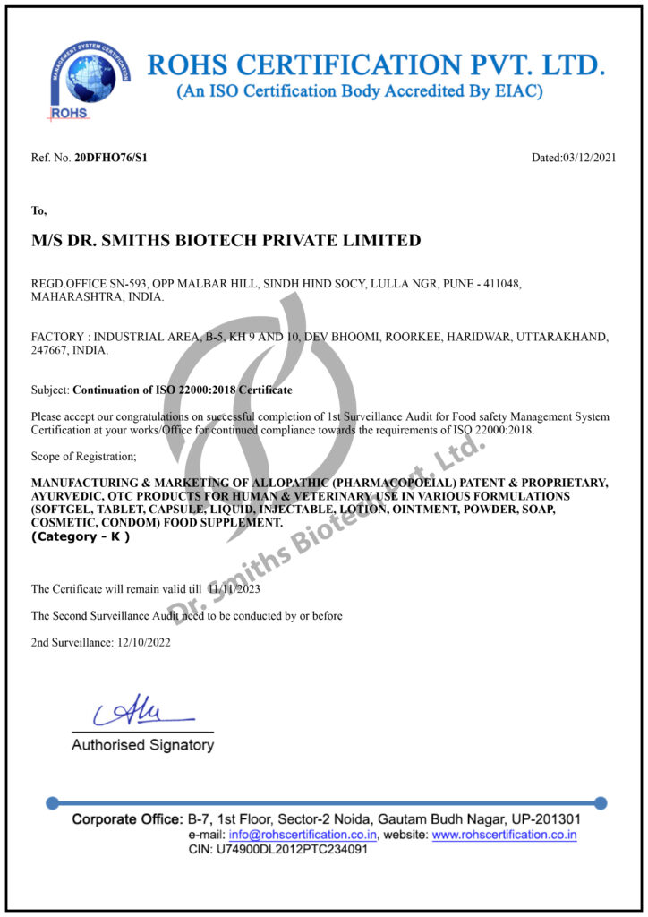 ISO_DR. SMITHS BIOTECH PRIVATE LIMITED_22000_1st Audit